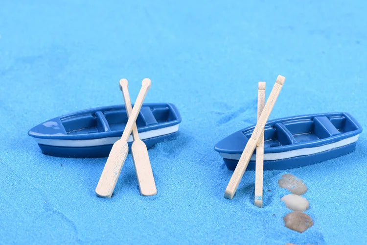 Blue Resin Boat Wood Paddles Oars Figures Decorative Figurine Diy Home Decor Mini Fairy Garden Aquarium Fish Tank Statue Craft