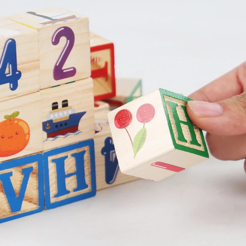 Wooden Printed Block Toy English Letter Digital Cartoon Cognition