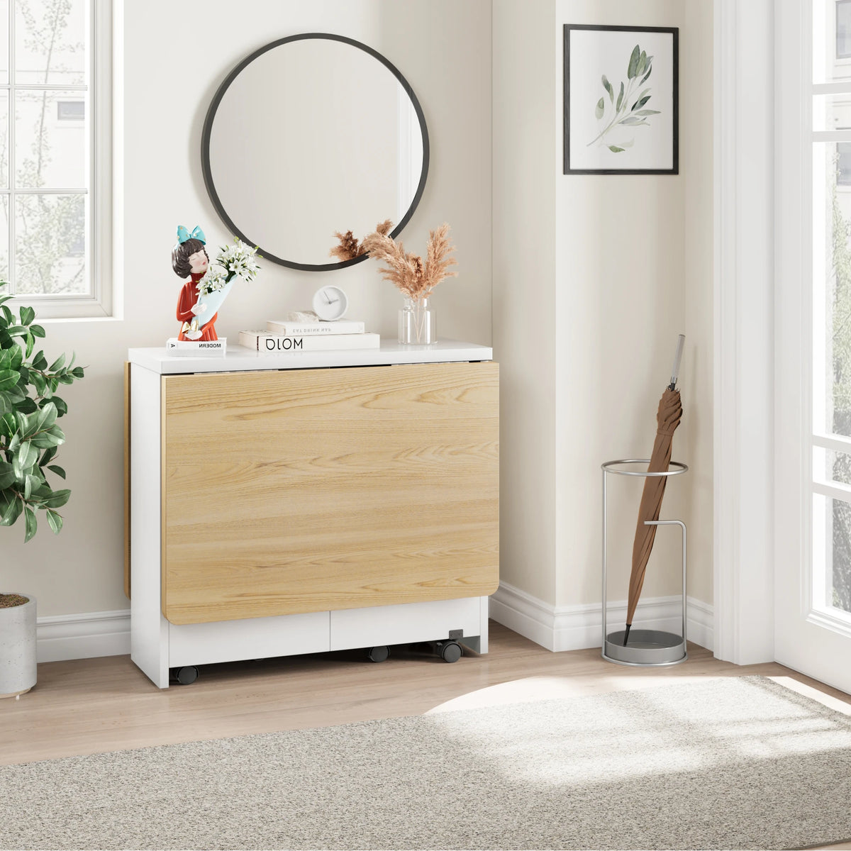 Folding Dining Table With Wheels And 2 Tier Storage