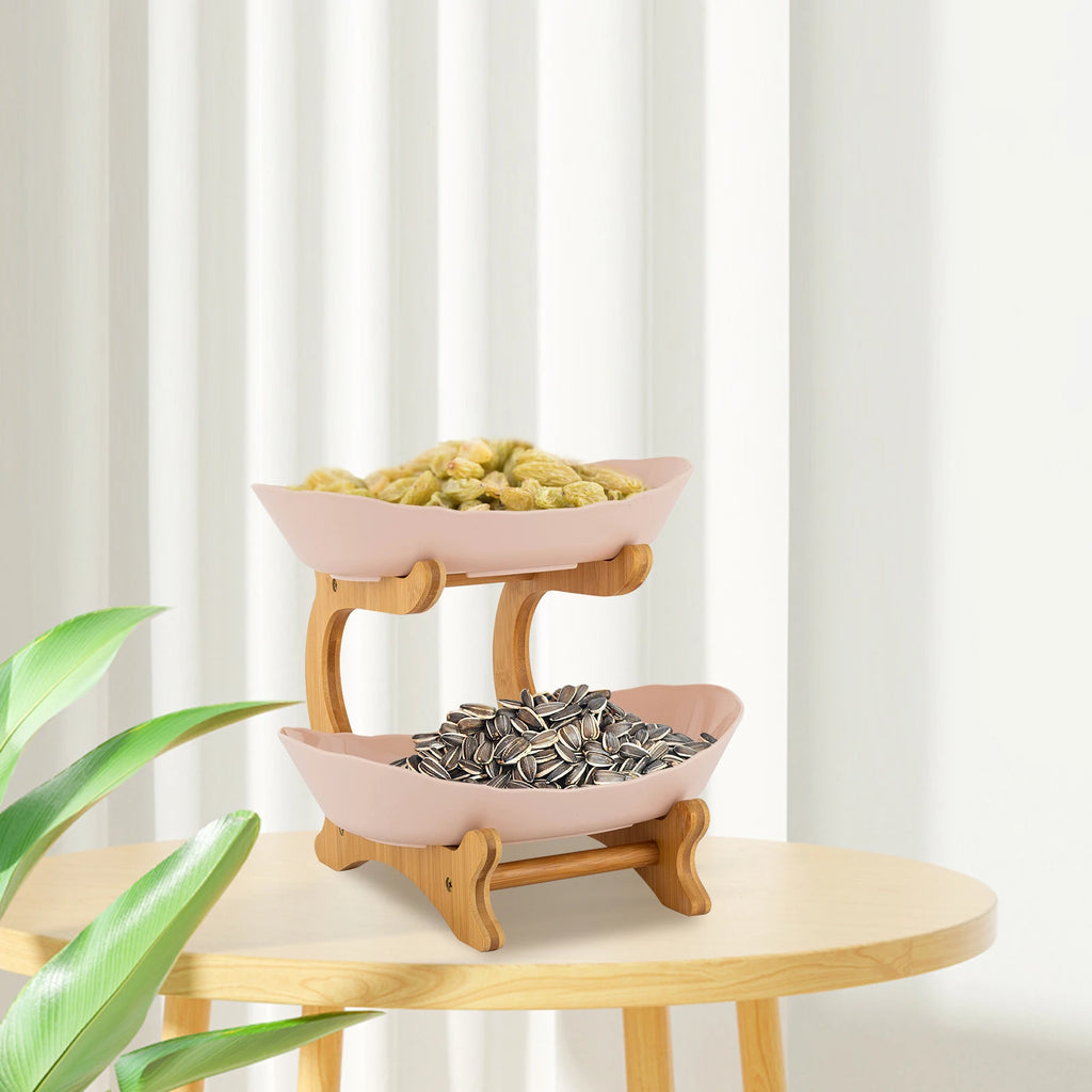 2 Tier Ceramic Fruit Bowl with Bamboo Wood Stand