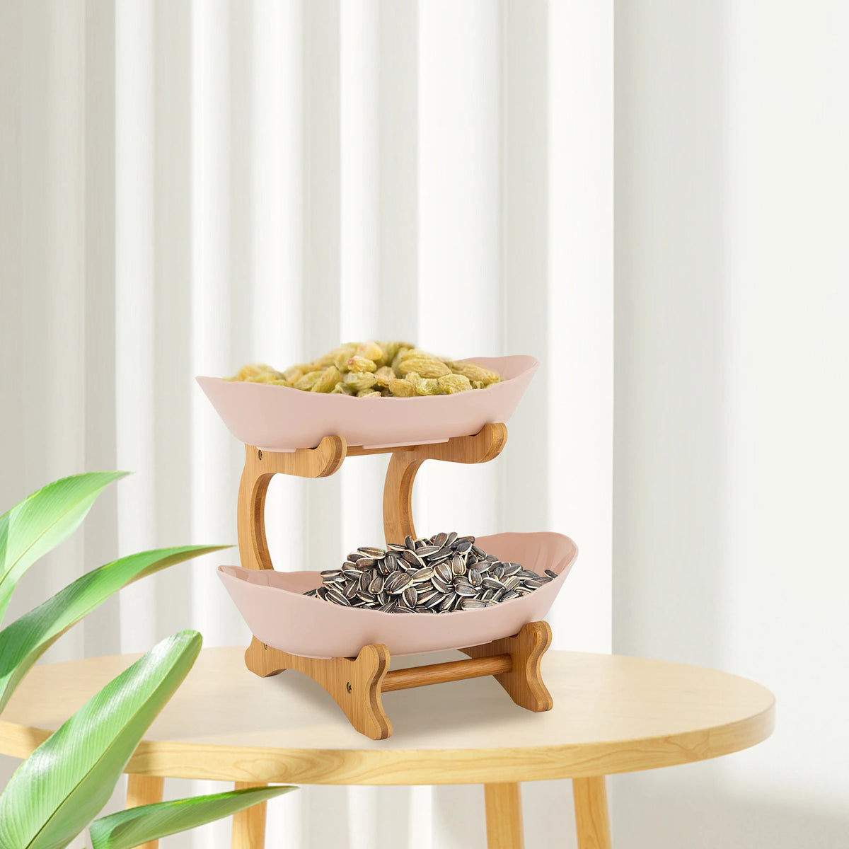 2 Tier Ceramic Fruit Bowl with Bamboo Wood Stand