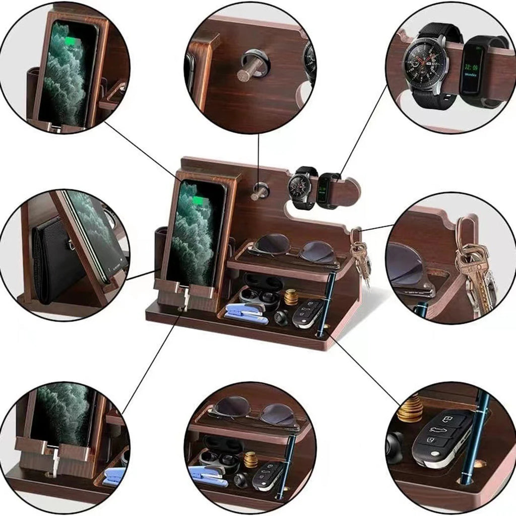 Wood Phone Docking Station Fathers Gift Nightstand Desk Organizer Gifts for Birthday Xmas Gifts Key Holder Wallet Stand