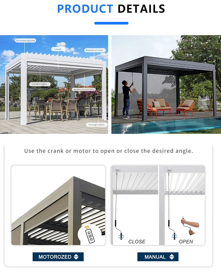 Outdoor Aluminum Pergola Gazebo – Adjustable Roof Pavilion for Garden or Terrace