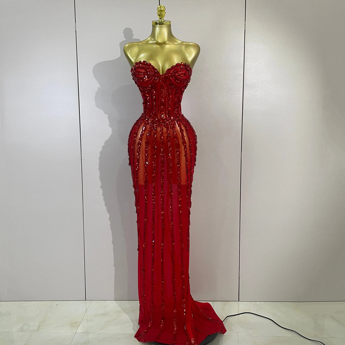 Sexy Red Strapless Mesh See Through Long Dress Evening Party