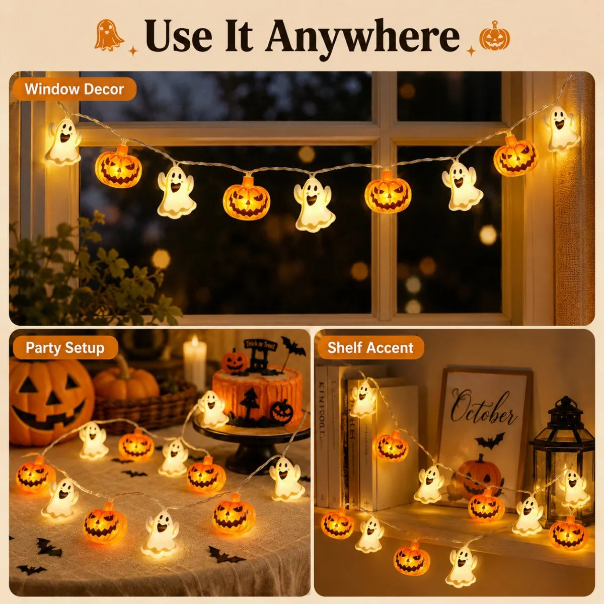 1PC 10/20LED Halloween Ghost &amp; Pumpkin String Lights Mixed