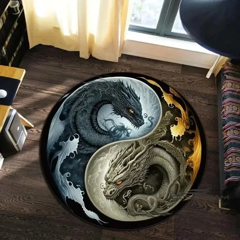 Animal Art Style Round Carpet 3D Printed Coiling Dragon Crouching Tiger Lion Pattern Children's Study Room Floor Mat