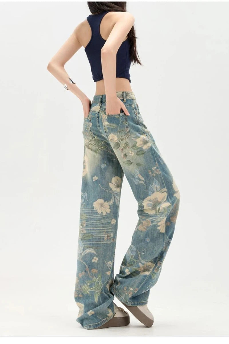 Summer Y2K Pants Jeans for Woman Loose Fit High Waist Retro Wide