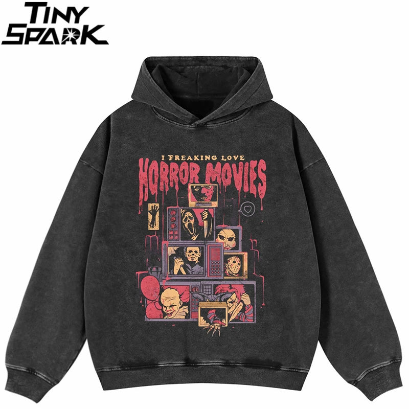 2025 Hip Hop Oversize Hoodie Sweatshirt Men Streetwear Retro Movie Vampurr Cat Graphic Harajuku Washed Black Hooded Pullover