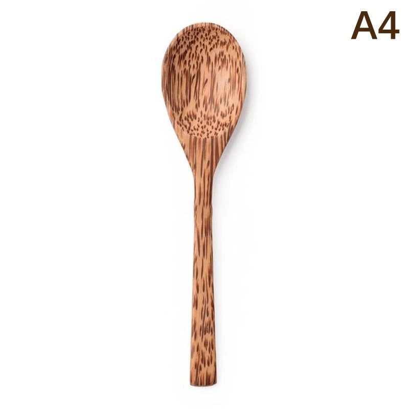 Kitchen Natural Coconut Bowl Set Wooden Salad Ramen Wood Spoon Coco Smoothie Tableware