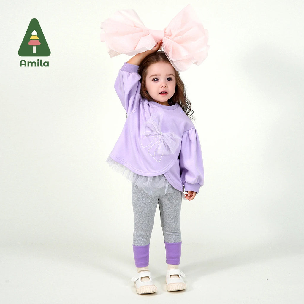 Amila Baby Set 2025 Spring New Solid Color Bow Solid Loose Sweatshirt Leggings Casual Soft Children's Two-Piece Set