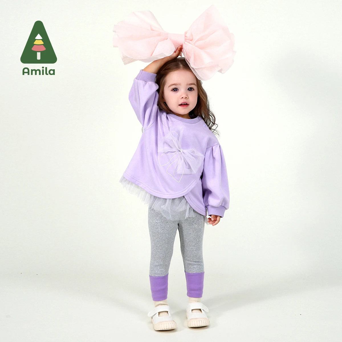 Amila Baby Set 2025 Spring New Solid Color Bow Solid Loose Sweatshirt Leggings Casual Soft Children's Two-Piece Set