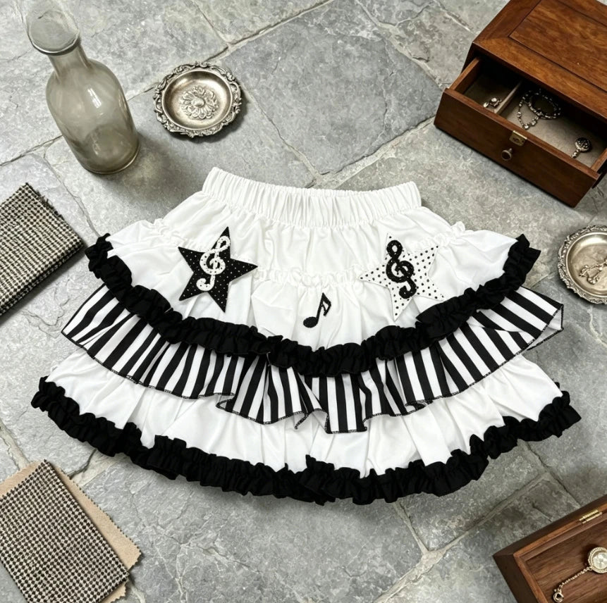 French Elegant Y2K Piano Print Ruffle Lace Mini Skirt Female Retro