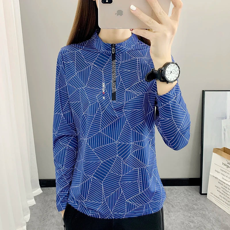 Outdoor Running Long Sleeve T-shirt Women Hiking Breathable Sport Sweatshirt Elasticity Camping Mom Quick Dry Fashion Print Top