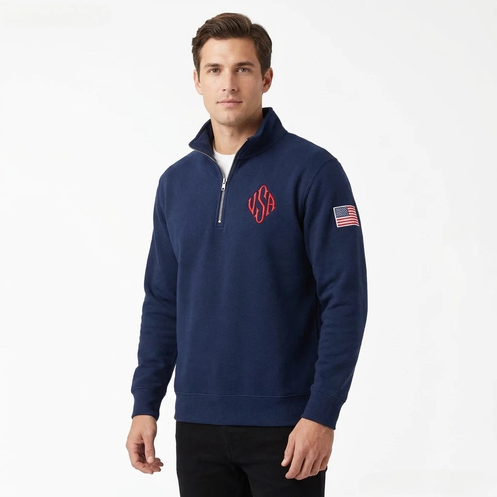 Quarter Zip Sweatshirt Y2K Navy Blue USA Embroidered American - - 3
