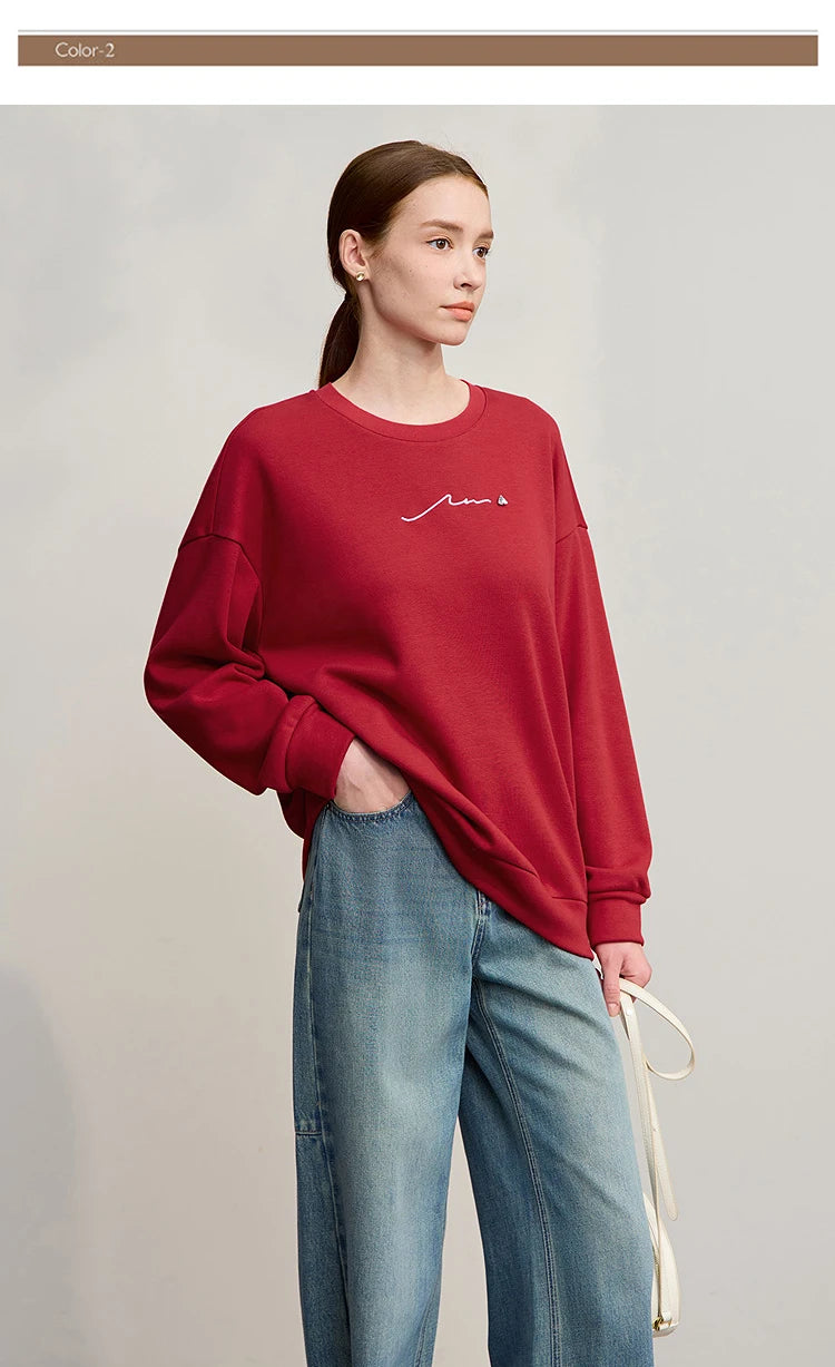 Amii Woman Sweatshirts 2025 Winter New Loose Warm Long Sleeve Female Sweatshirt Embroidery Pullover O-Neck Top Female 12524025