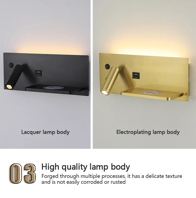 Multi Functional Wall lamp with Mobile phone Wireless charger switch USB interface Bedroom Night light LED Reading wall light