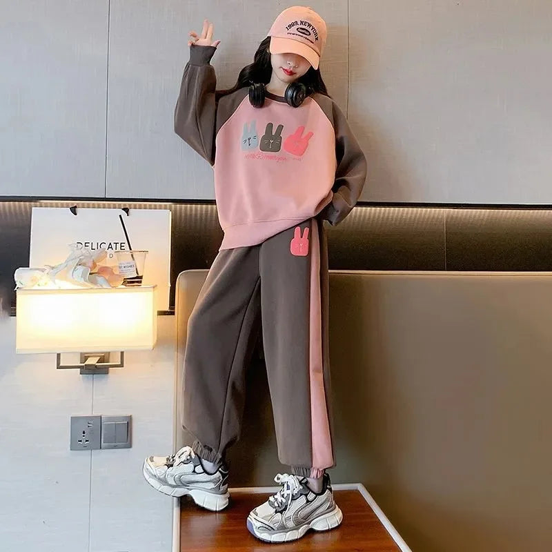 Girls Cotton Contrast Cartoon Alphabet Loose Sweatshirt+Sweatpant School Kids Tracksuit Child Jogger Outfit Workout Sets 5-16Yrs