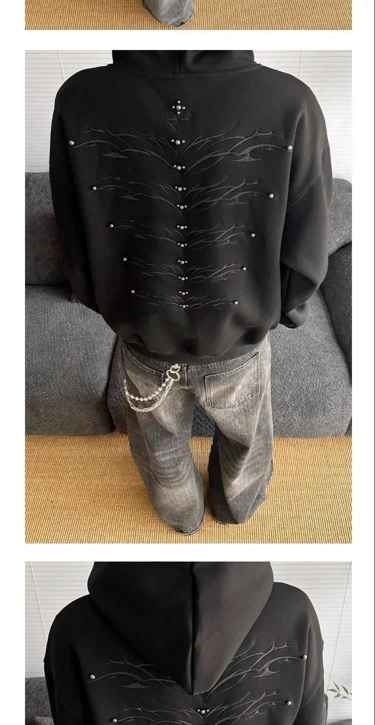 American Retro Spine Embroidered Metal Rivet Pullover Hooded Sweatshirt Men Women High Street Hip-Hop Loose Casual Streetwear