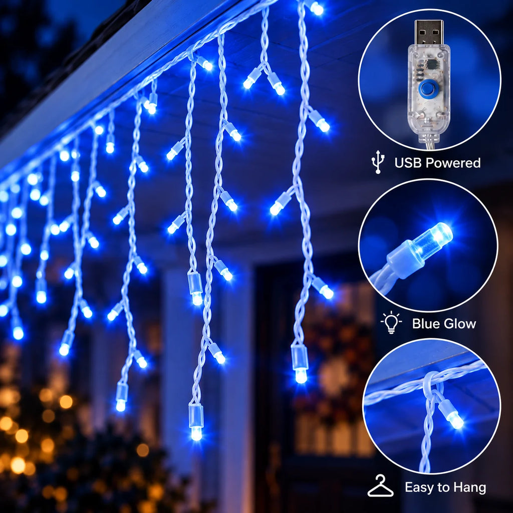 Halloween Blue Icicle Curtain Lights USB 6M/100LED 10M/200LED 8