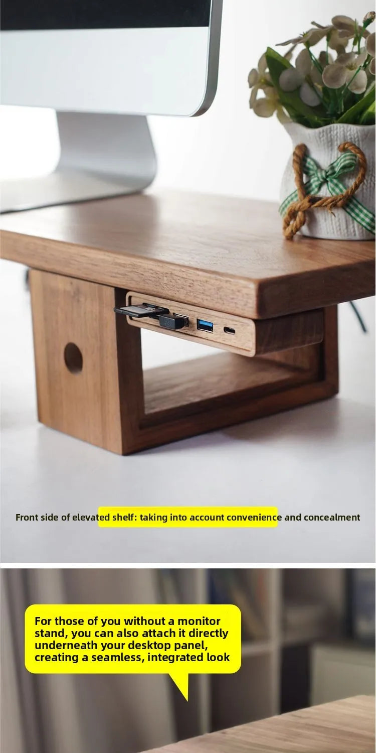 Black Walnut Wood USB Hub Under Desk Organizer Premium Desktop Riser Accessory with 3.0 Ports Multi-Device Charging Station
