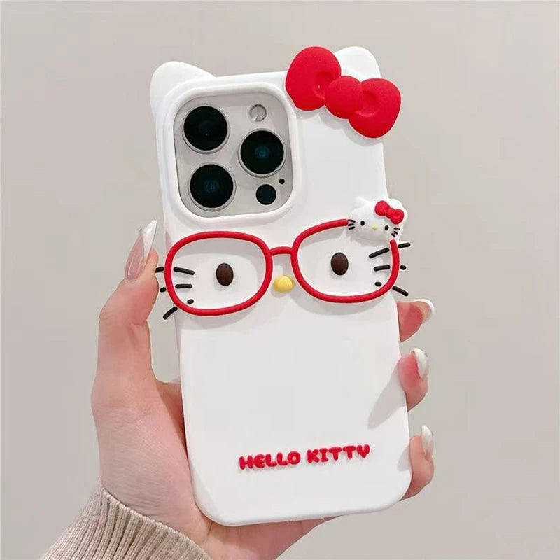 Hello Kitty 3D Cat-Eye Glasses Silicone Phone Case for iPhone 17 Pro Max 16 15 Plus 14 13 Mini 12 11 4 4S 5 5S 7 8 SE Shockproof