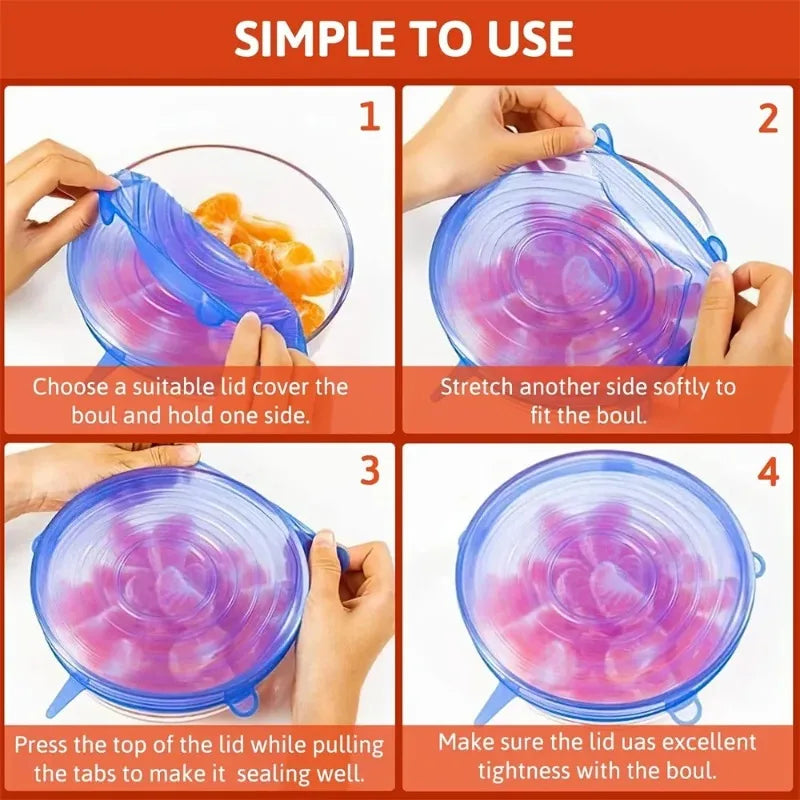 6pcs/set Food Grade Silicone Preservation Cover Reusable Airtight Food Universal Dish Stretch Round Lids For Kitchen Accessories