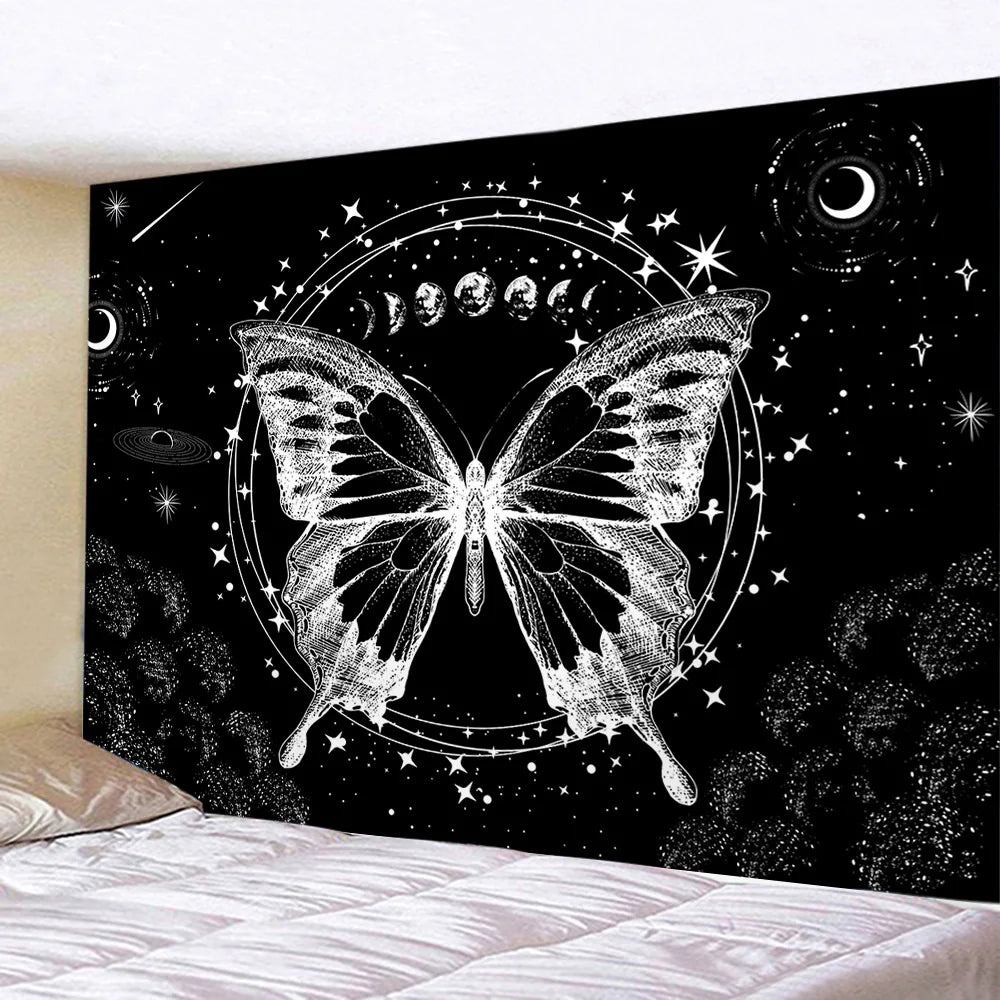 Butterflies and Moths Tapestry Black and White Flower Tapestry Wall Hanging Beach Blanket Romantic Bedroom Dorm Home Decor