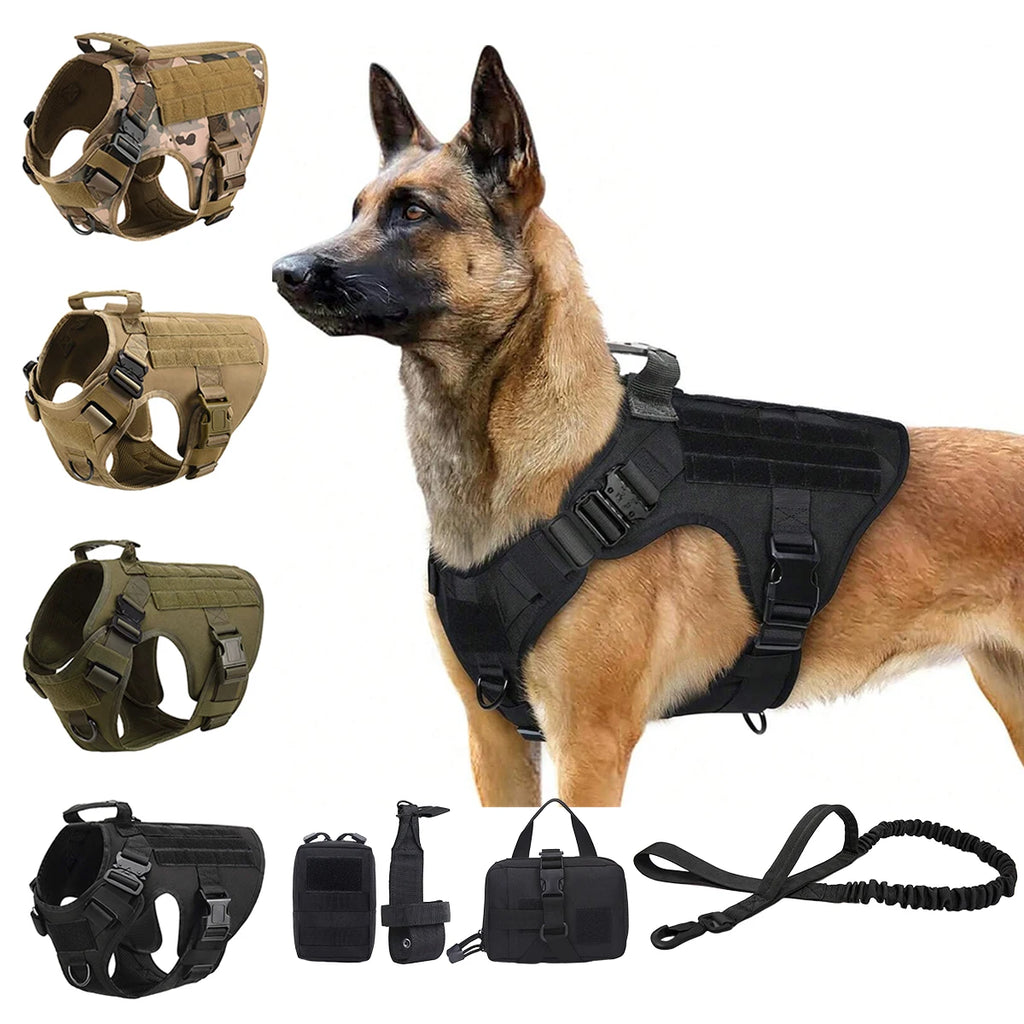 Tactical Dog Harness with Collar, Leash & Pouches