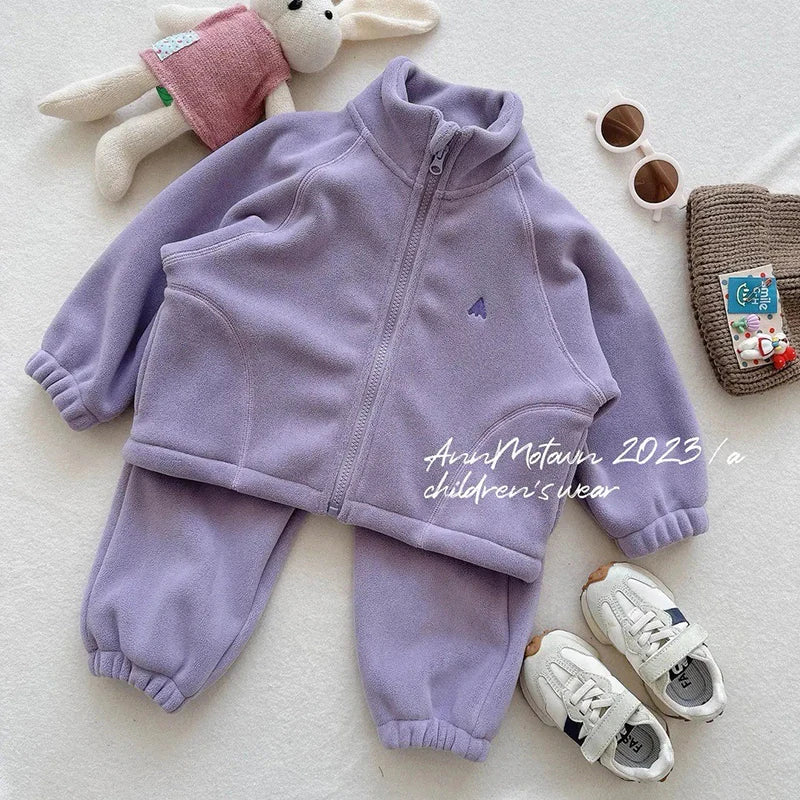 Children's Polar Fleece Suit Zipper Tracksuit Set for Boy Girl Baby Clothes Fall Winter Insulated Sweatshirt Pants Sportwear