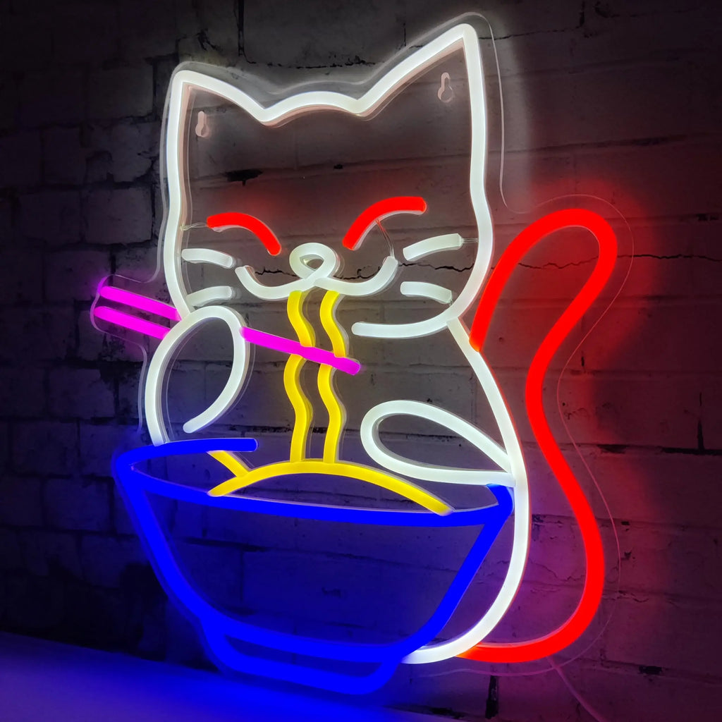 Ramen Cat Neon Sign, Bright LED for Restaurant and Cafe Decor, Japanese Kitchen Wall Art, Cat Lover Gift, Party Decoration