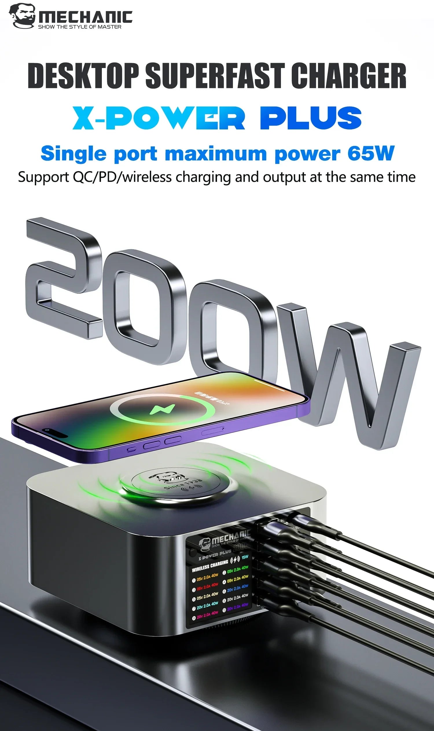 Mechanic X-POWER Max 10 Ports Desktop Charger QC3.0 PD3.1 Quick Charge For iPhone 15 14 13 Xiaomi Laptop Wireless Charger Tool