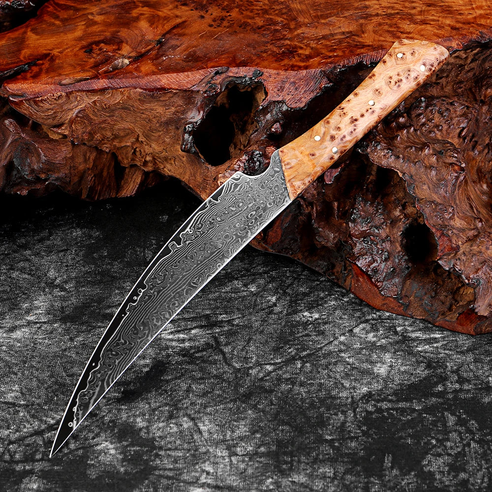 Damascus Steel Handmade Curved Edge Japanese Utility Knife,Full Tang Pakkawood Handle,High Hardness Sharp Kitchen Peeling Knife