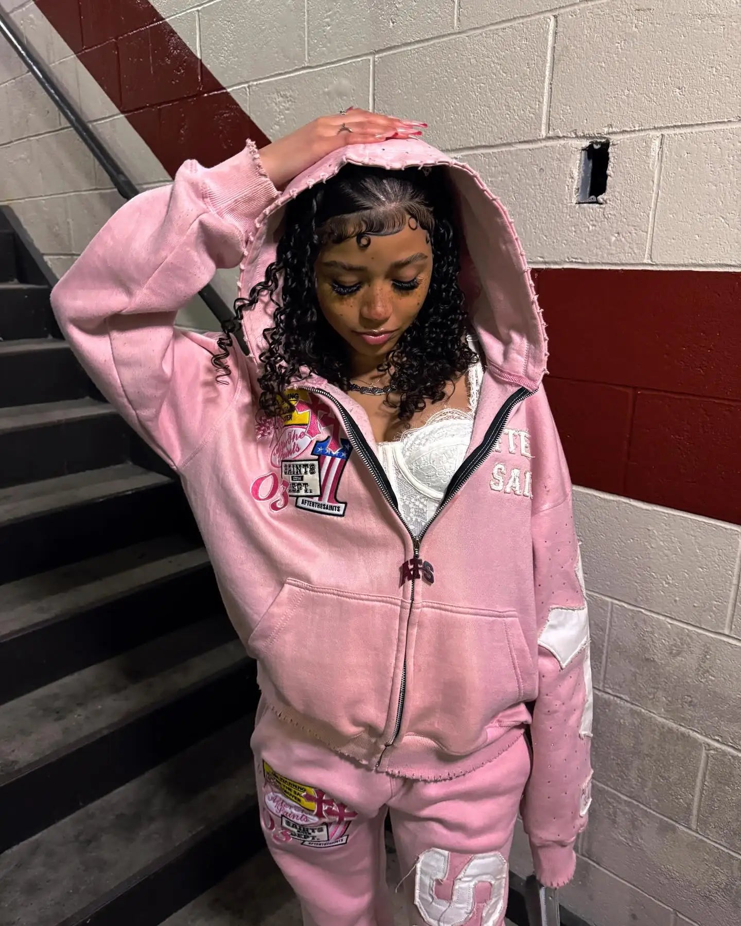 American Vintage Pink Hooded Zip Up Sweatshirt Set Side Letter Print Streetwear Hip Hop Fashion Casual Set Women's Streetwear