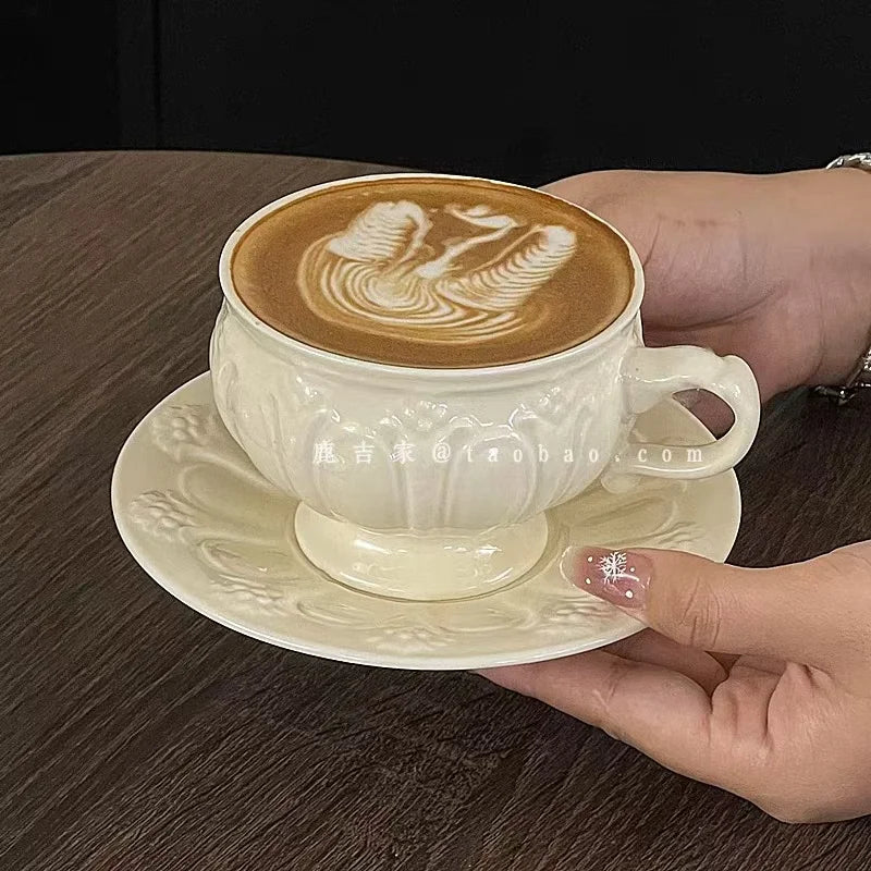 French Retro Relief Flower Cup and Dish Set, Ceramic Coffee Cup, Afternoon Tea Latte Cup, Artistic Home Decoration, Holiday Gift