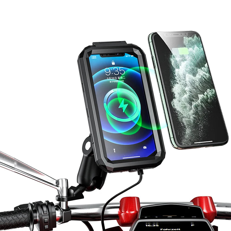 2022 Waterproof Case 12V Motorcycle Phone Holder Wireless Charger 15W Qi/ Type C PD USB Fast Charge Mount Box Double Socket Arms