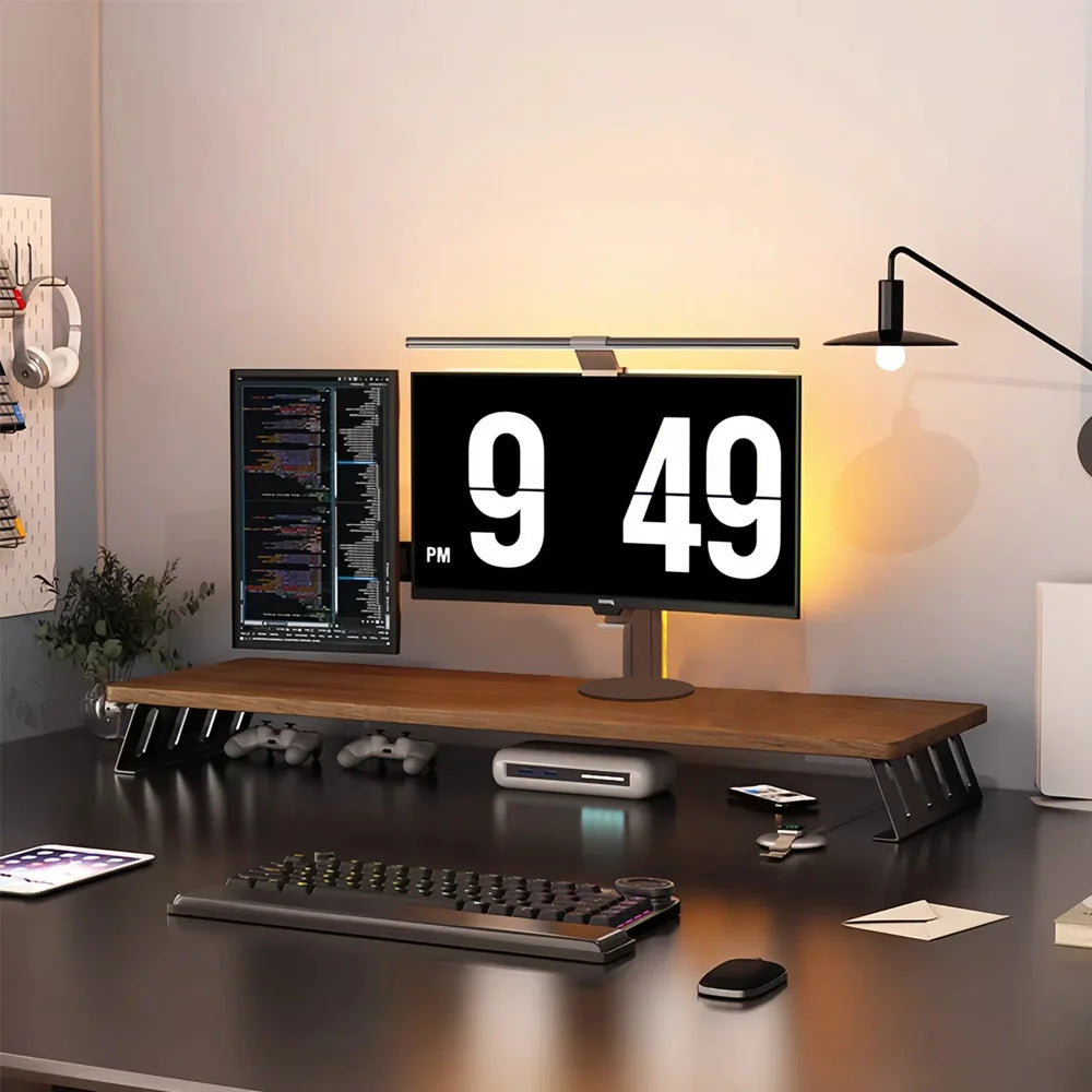 Computer monitor riser, dual-monitor desktop stand, ergonomic multi-purpose gaming desk organizer with an L-shaped wide base,