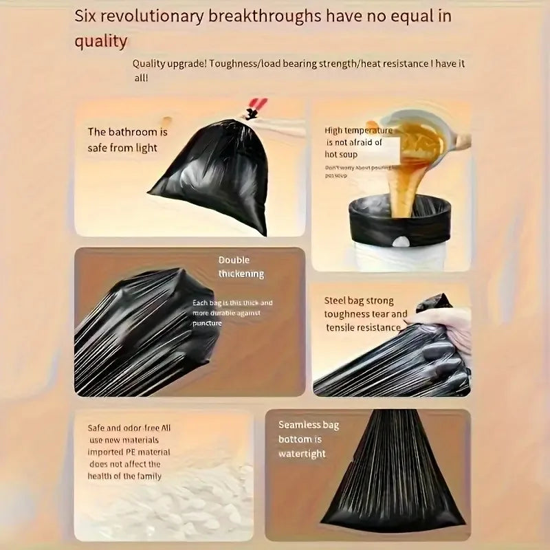 1/5 Rolls Thick Black Leak-Proof Drawstring Trash Bags - Durable Vinyl Easy-Seal for Bathroom/Kitchen/Outdoor/Restaurant/Hotel