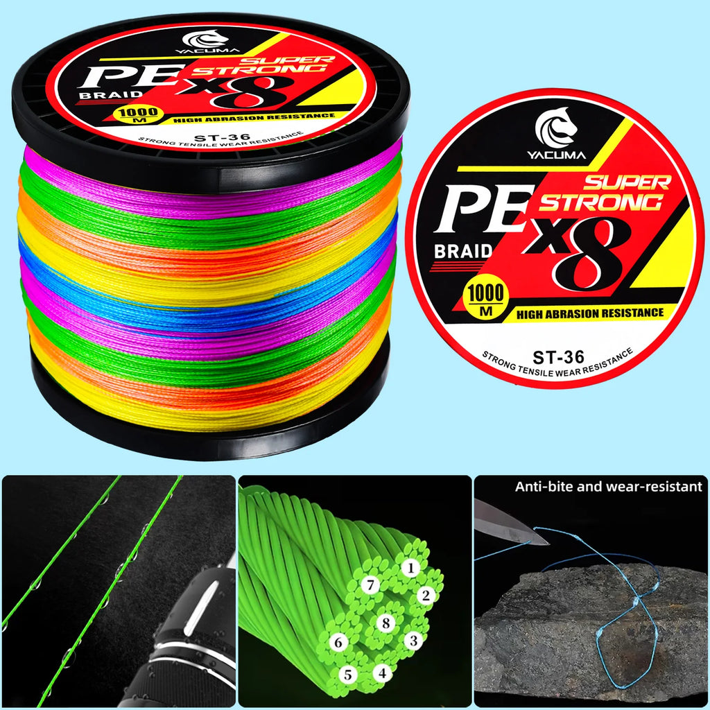 YACUMA X8 1000M Multicolor Braided Fishing Line 20LB-118LB Wear