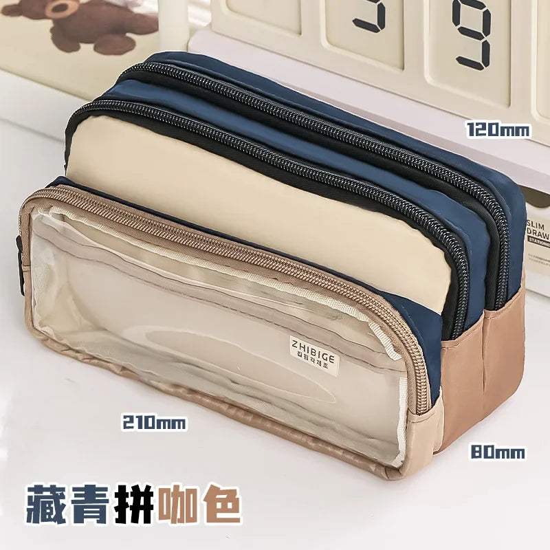 Kawaii Pencil Bag Large Capacity 3 Compartments Pencil Case Pen Pouch Desk Organizer School Supplies Cute Korean Stationery