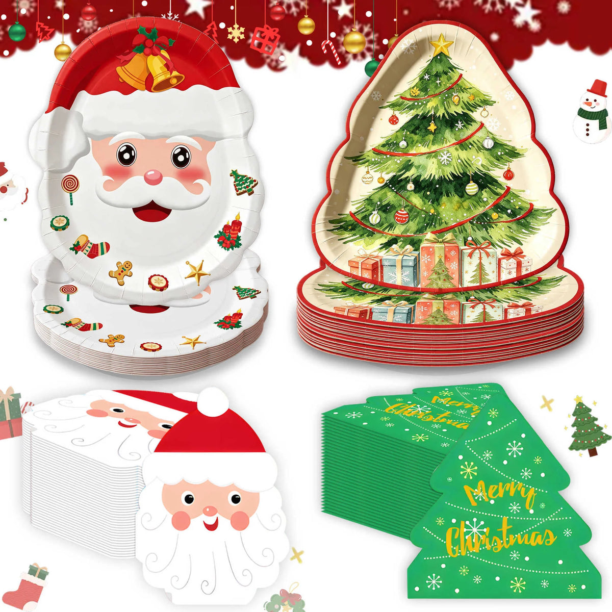 Christmas Party Supplies, Santa & Christmas Tableware Set, Paper Plates Napkins for Xmas Holiday Family Dinner Party Decorations