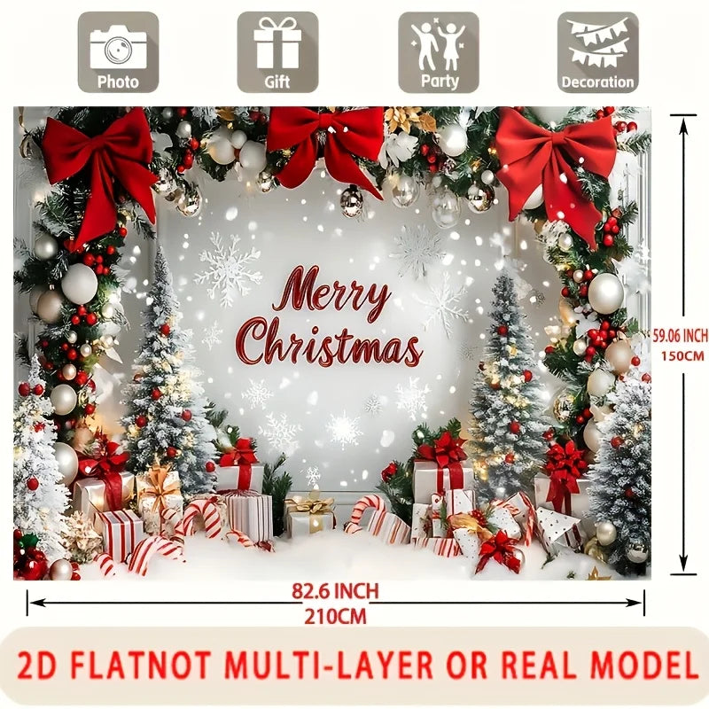 1 festive Christmas party banner with snowy landscape, decorative bow and wrapped gifts for home and room wall decoration
