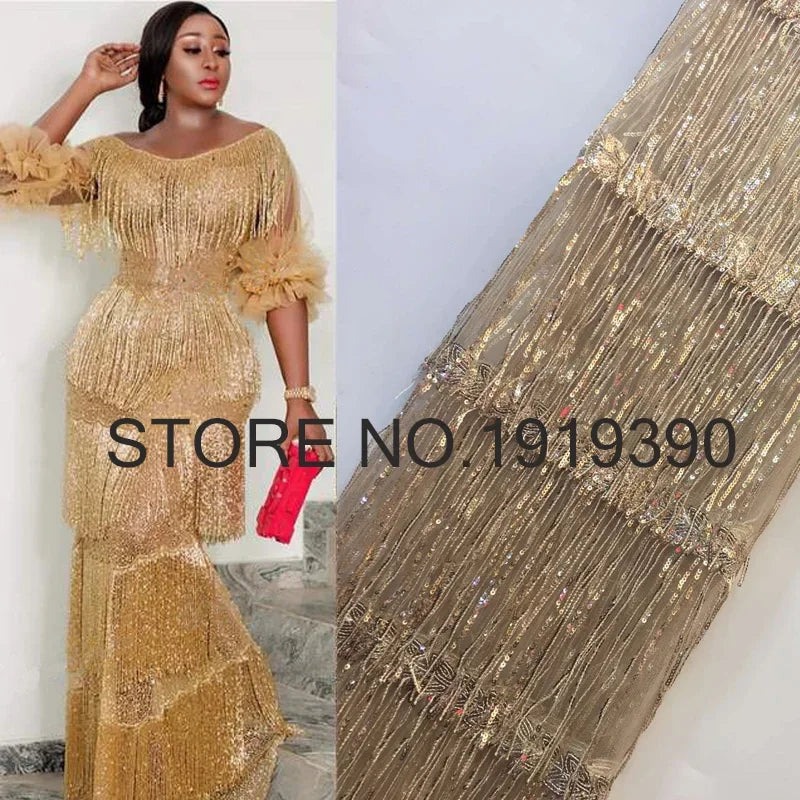 Latest 3D Tassel Sequined Lace African Lace Fabric 2024 High Quality Net Nigerian Lace Fabrics 5 Yards for Women Party Dresses
