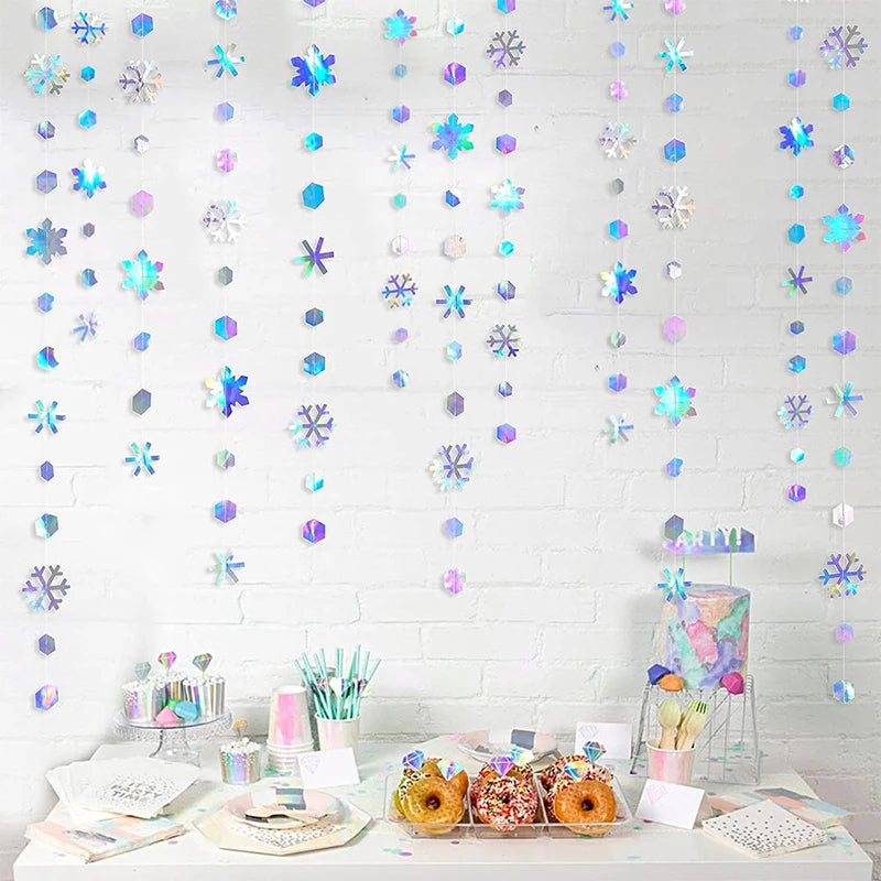 4M Iridescent Christmas Hanging Snowflakes Decor Garlands Winter Wonderland  Paper Snowflake Streamer Birthday Party Supplies ﻿