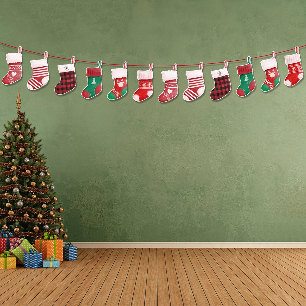 1Pcs Merry Christmas Hanging Garland Banner Paper Santa Snowman Christmas Stocking Christmas New Year Home Party Decoration