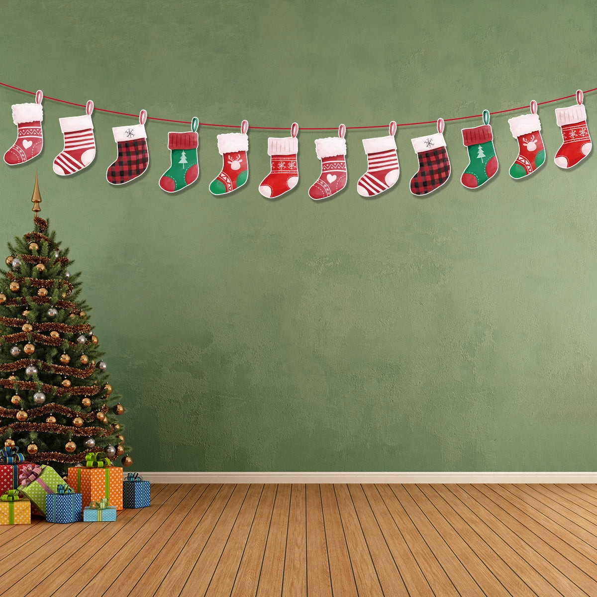 1Pcs Merry Christmas Hanging Garland Banner Paper Santa Snowman Christmas Stocking Christmas New Year Home Party Decoration