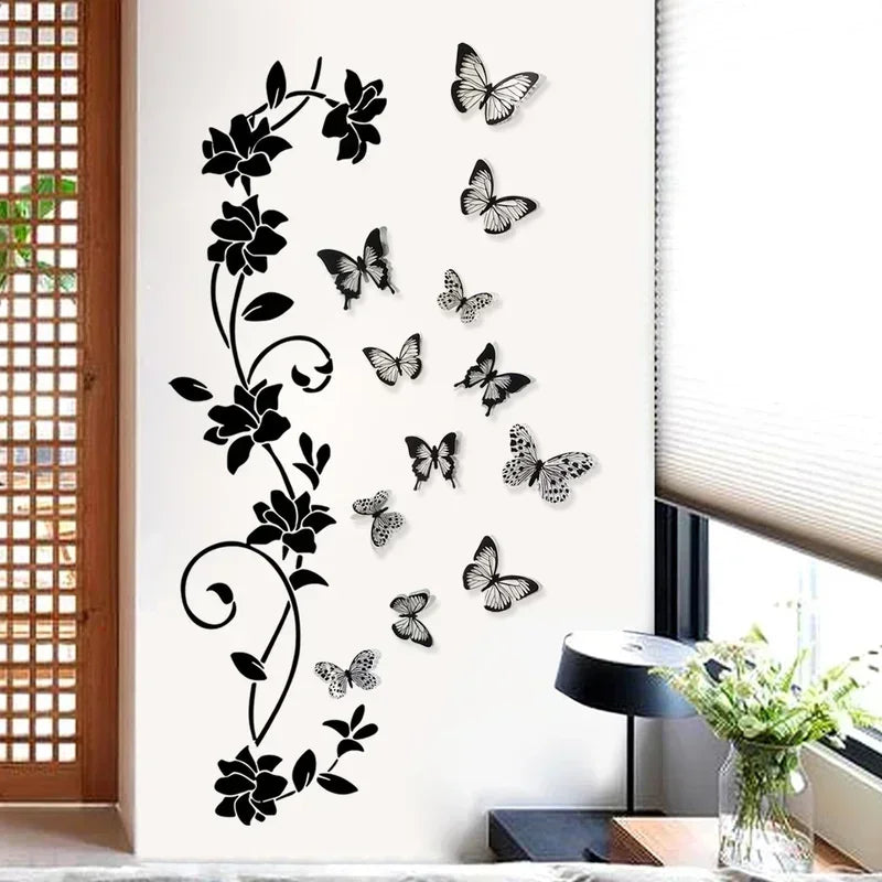 2024 New 3D Butterfly Wall Stickers  Black Flower Rattan Living Room Background Room Wall Stickers Dark Style 38*43cm Home Decor