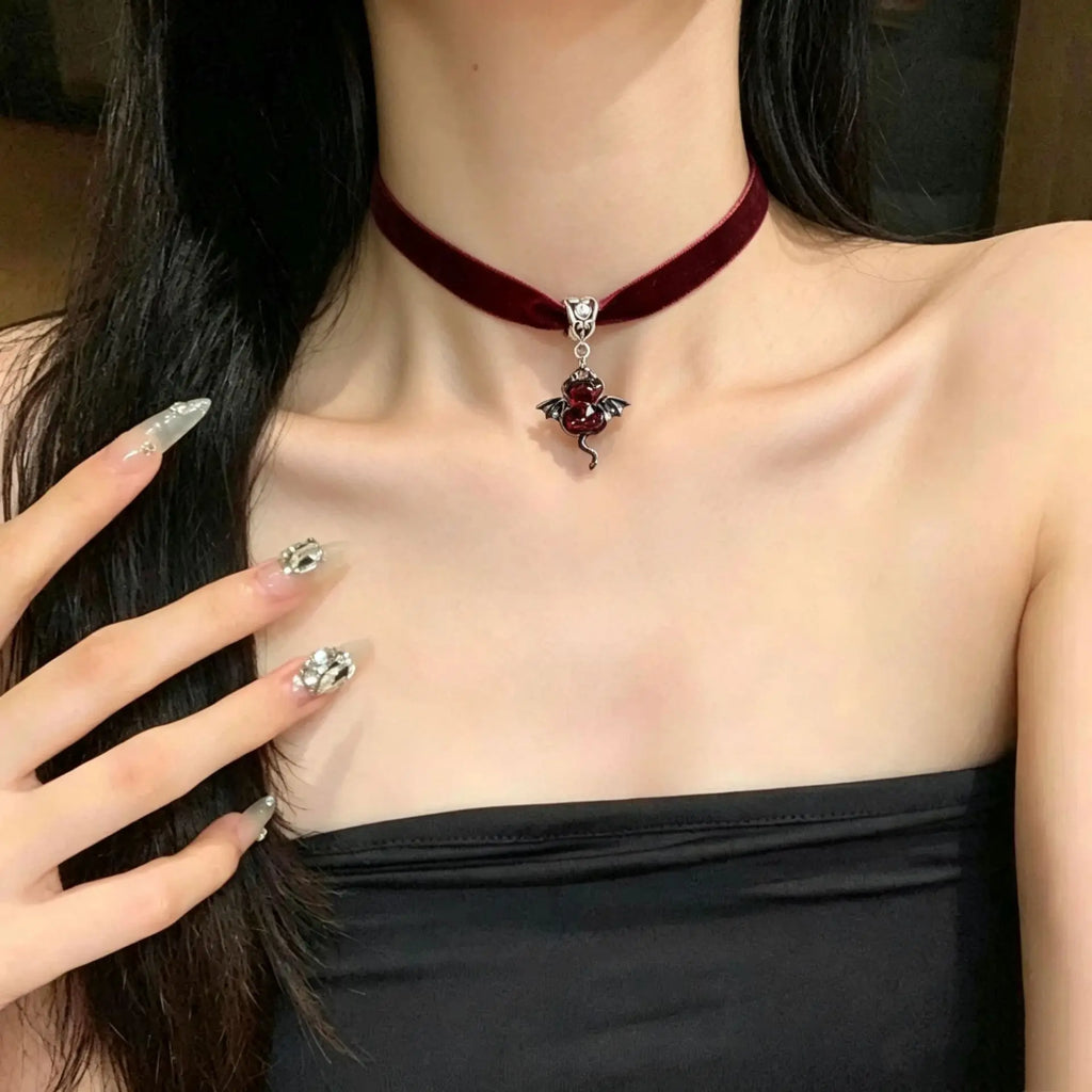 Gothic Black Velvet Choker Little Demon Bat Charm Pendant Necklace