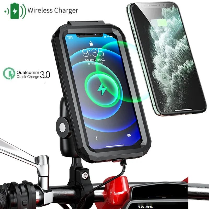 2022 Waterproof Case 12V Motorcycle Phone Holder Wireless Charger 15W Qi/ Type C PD USB Fast Charge Mount Box Double Socket Arms