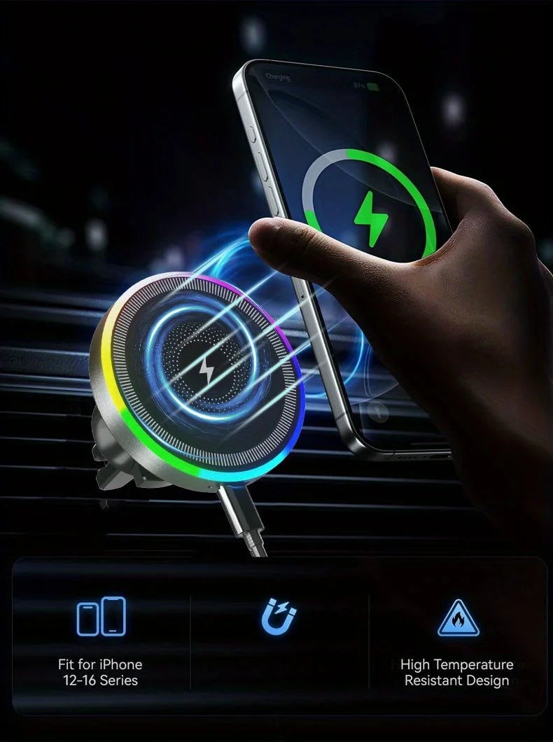 RGB Light Car Magnetic Wireless Charger Phone Holder Air Vent Stand For Magsafe iPhone 16 15 14 13 12 Pro Max Fast Charging Dock