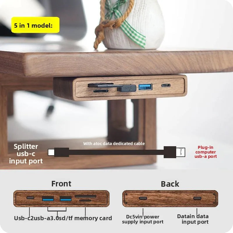 Black Walnut Wood USB Hub Under Desk Organizer Premium Desktop Riser Accessory with 3.0 Ports Multi-Device Charging Station